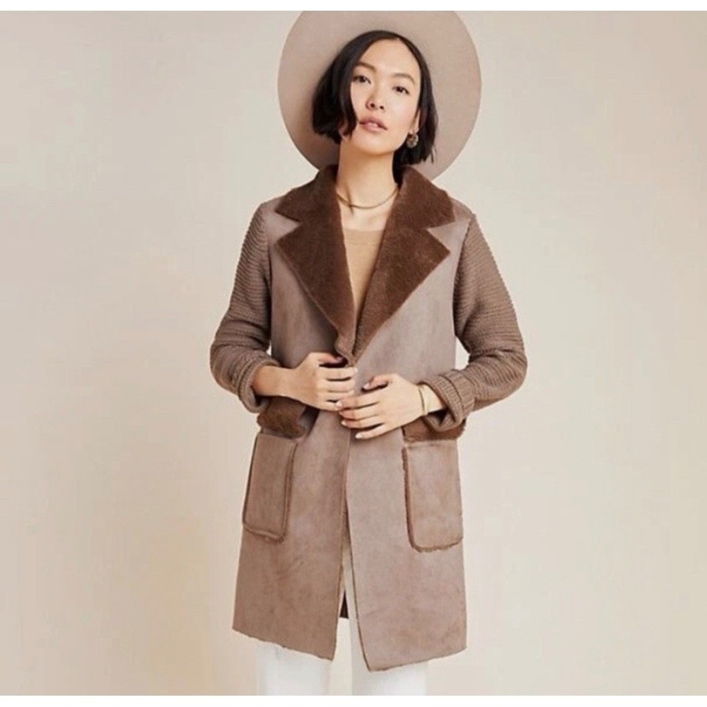 ANTHROPOLOGIE Sweater Coat Brown Piper Faux Suede & Faux Fur Trim Women's XS